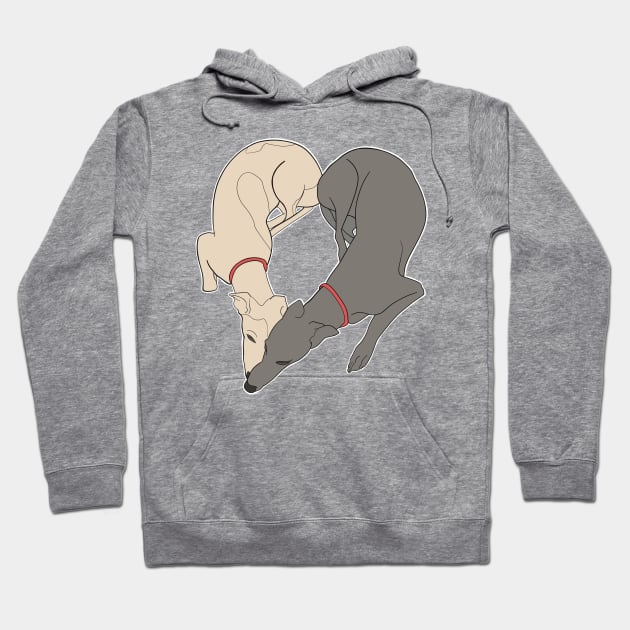 Adorable Greyhound dog design shaped in a heart with the word love inside, with a grey and a fawn greyhound with red collar details Hoodie by This Iggy Life